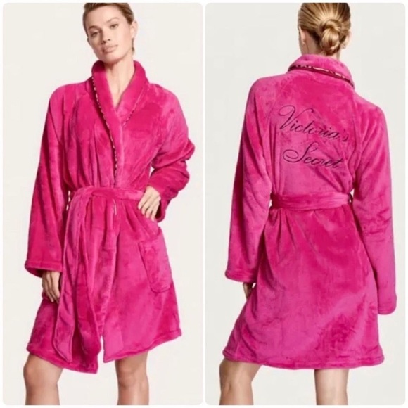 Victoria's Secret Other - Victoria’s Secret Leopard Trim Hot Pink Cozy Robe